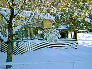 Cottage front deck in winter
